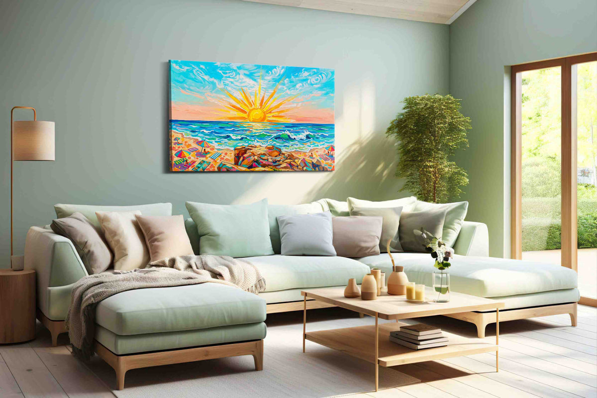 Sunburst Over Coral Tides beach canvas wall art displayed above a sofa in a modern living room