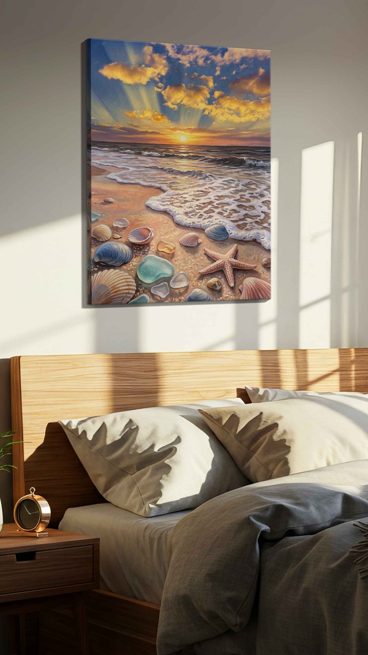 Sunlit Tides of Reverie beach canvas wall art displayed above a bed in a styled bedroom scene