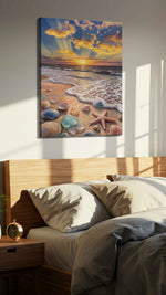 Sunlit Tides of Reverie beach canvas wall art displayed above a bed in a styled bedroom scene