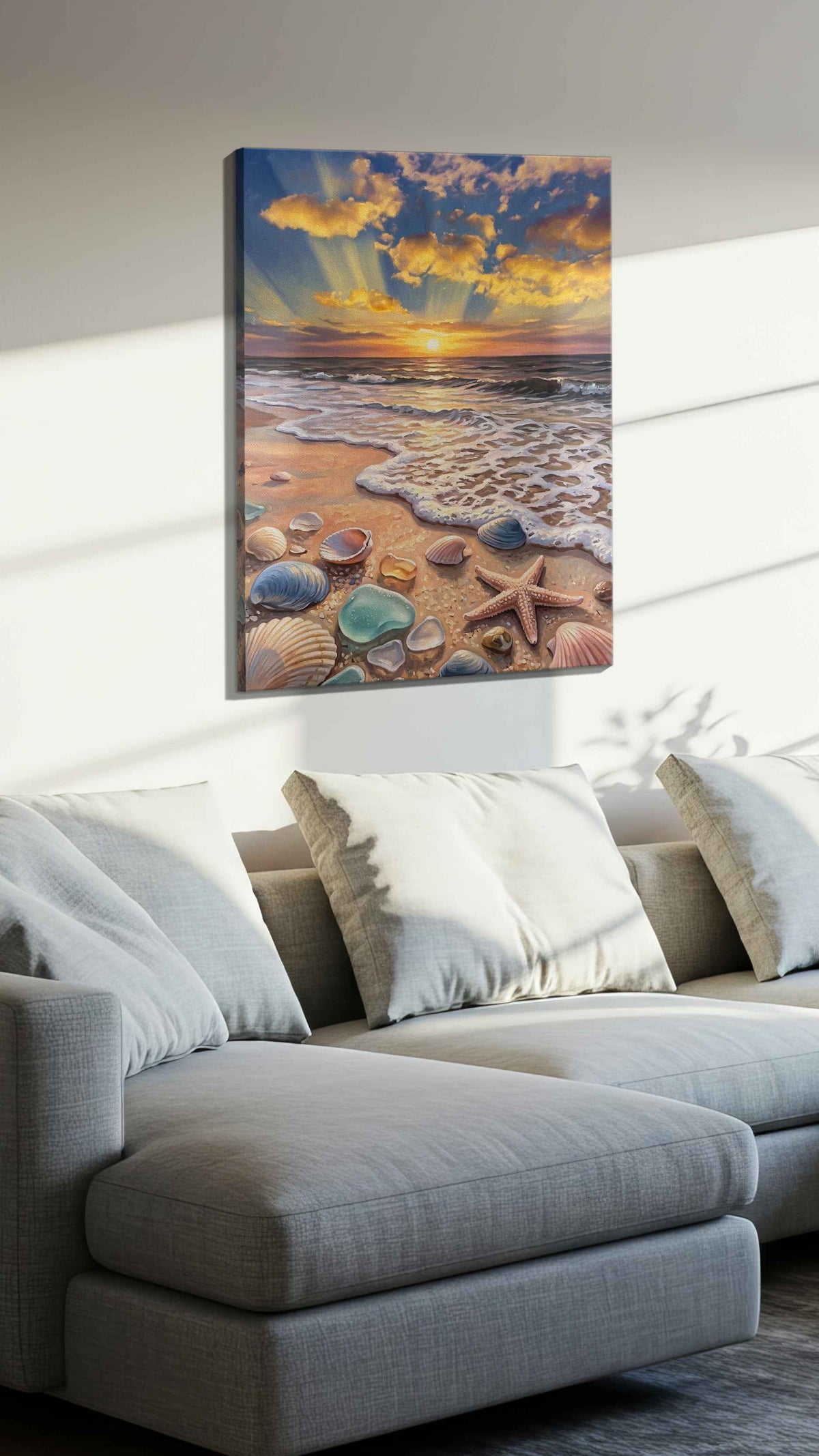 Sunlit Tides of Reverie beach canvas wall art displayed above a sofa in a styled living room scene