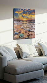 Sunlit Tides of Reverie beach canvas wall art displayed above a sofa in a styled living room scene