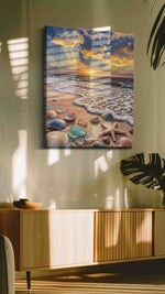 Sunlit Tides of Reverie beach canvas wall art shown hanging in a styled interior
