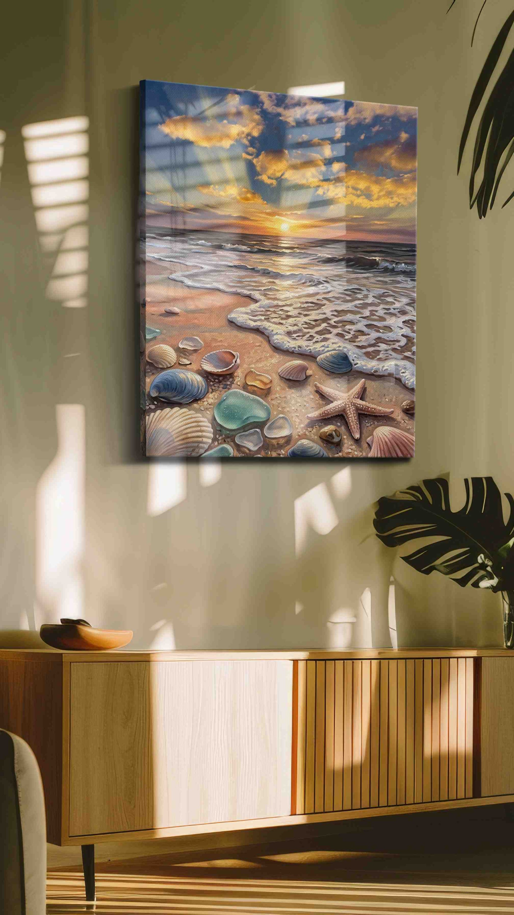 Sunlit Tides of Reverie beach canvas wall art shown hanging in a styled interior
