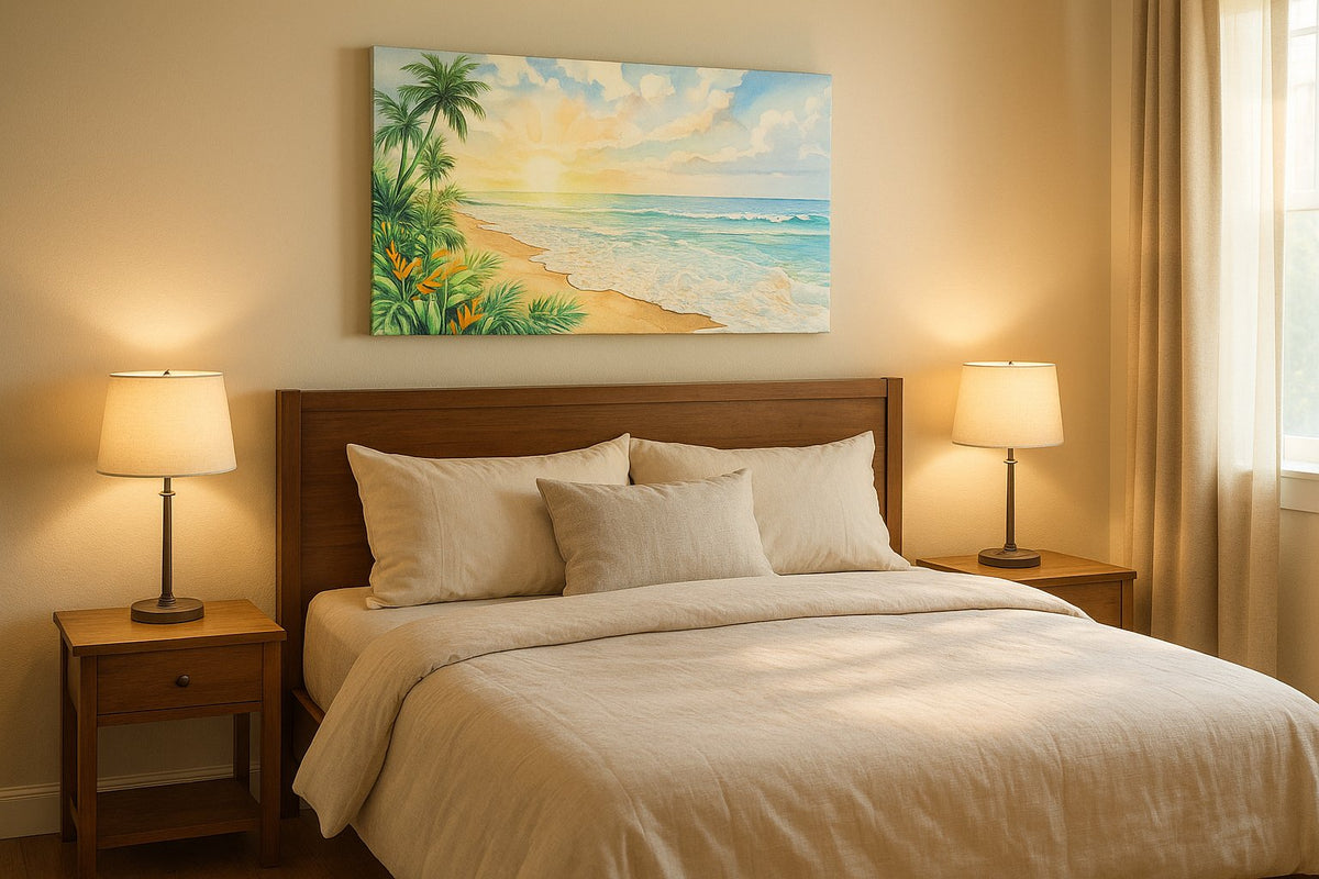 Sunwashed Tropic Reverie beach canvas wall art displayed above a bed in a styled bedroom scene