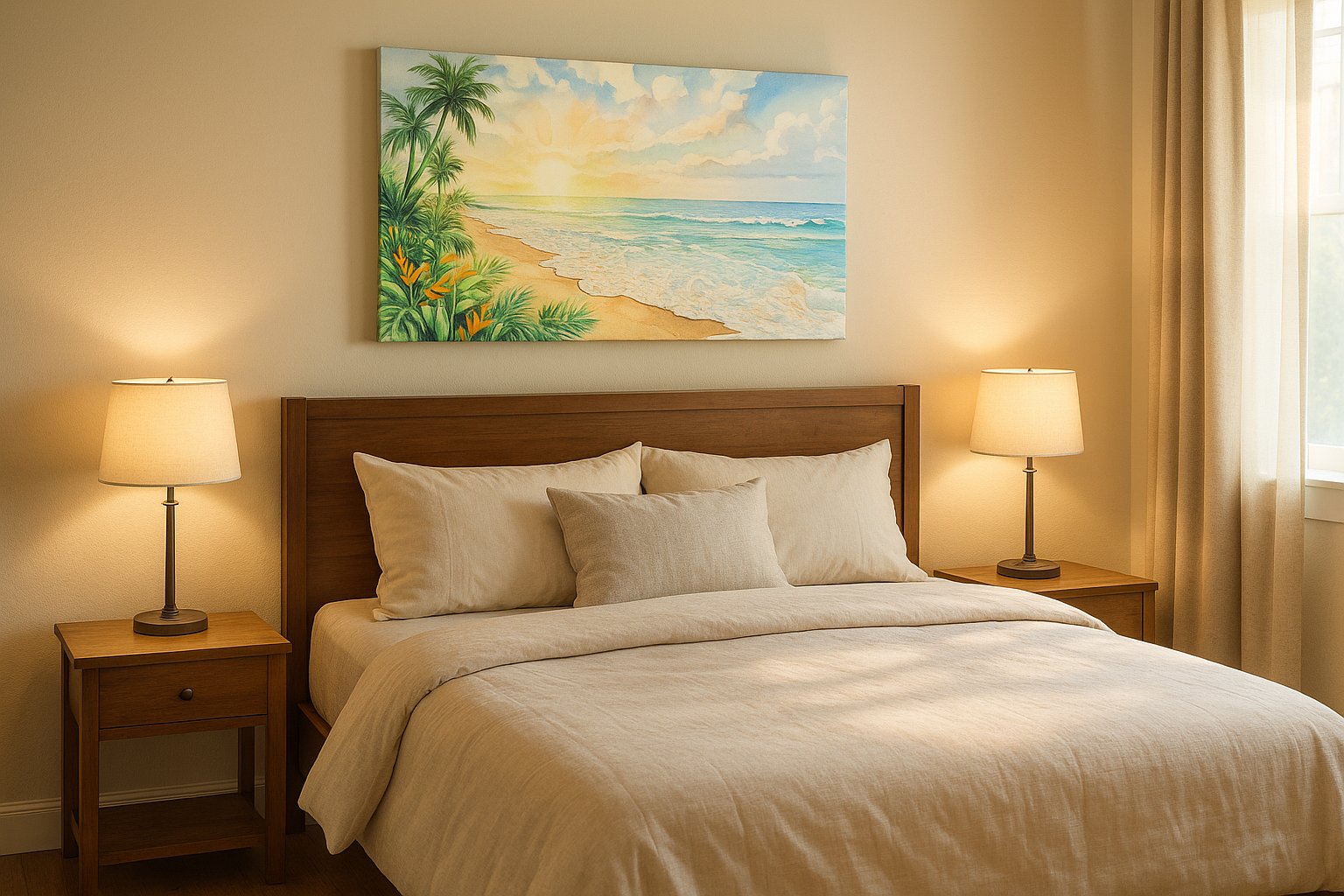 Sunwashed Tropic Reverie beach canvas wall art displayed above a bed in a styled bedroom scene