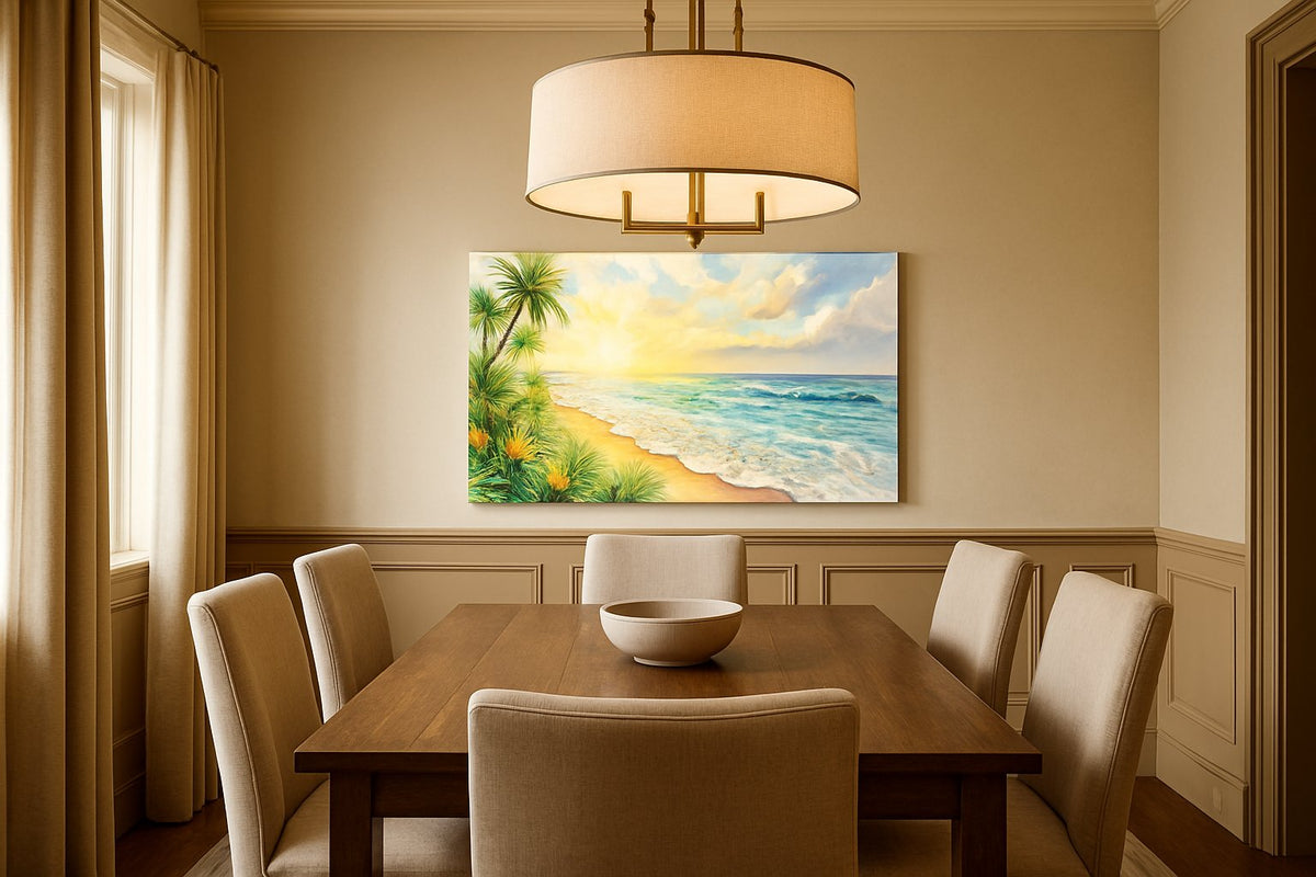 Sunwashed Tropic Reverie beach canvas wall art shown hanging in a sleek modern interior