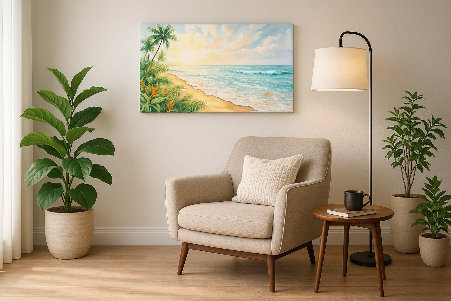 Sunwashed Tropic Reverie beach canvas wall art displayed above a sofa in a modern living room