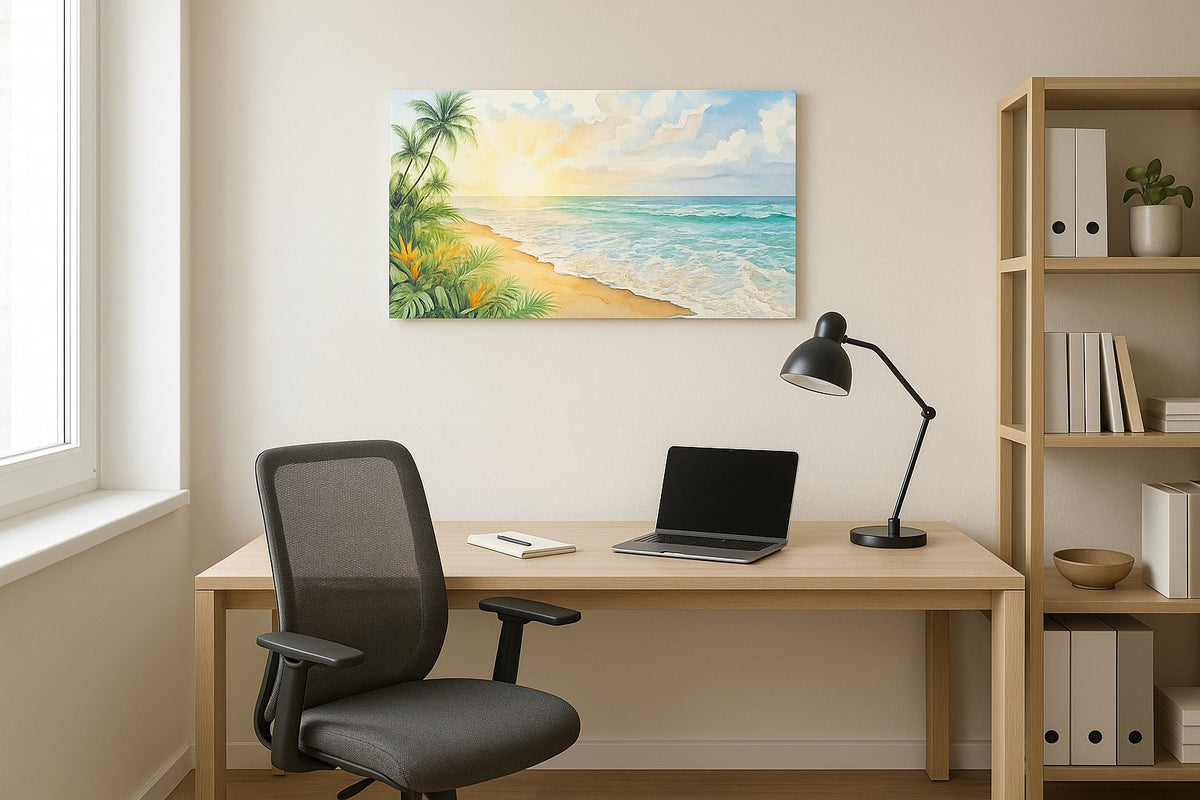 Sunwashed Tropic Reverie beach canvas wall art shown in a contemporary interior mockup