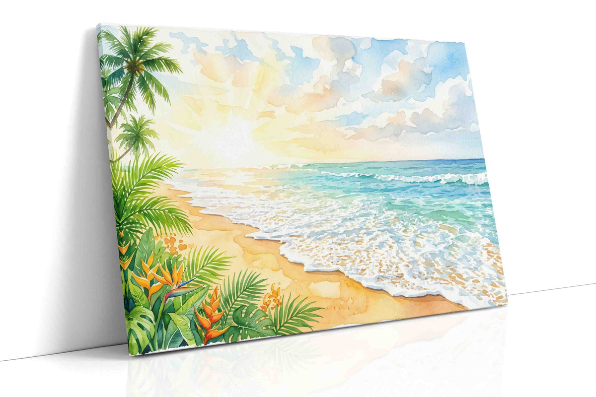 Sunwashed Tropic Reverie beach canvas wall art displayed above a bed in a contemporary bedroom