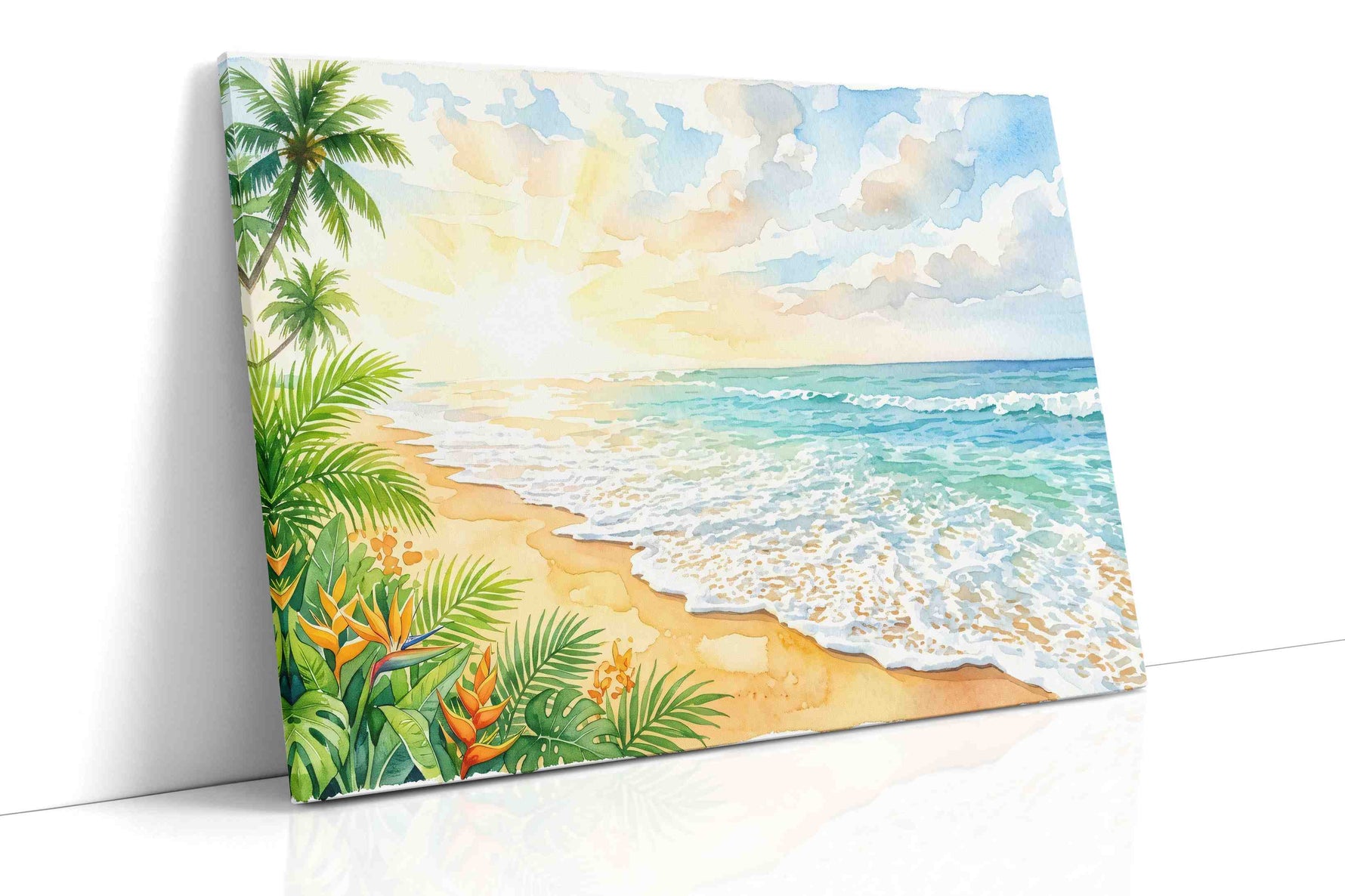 Sunwashed Tropic Reverie beach canvas wall art displayed above a bed in a contemporary bedroom