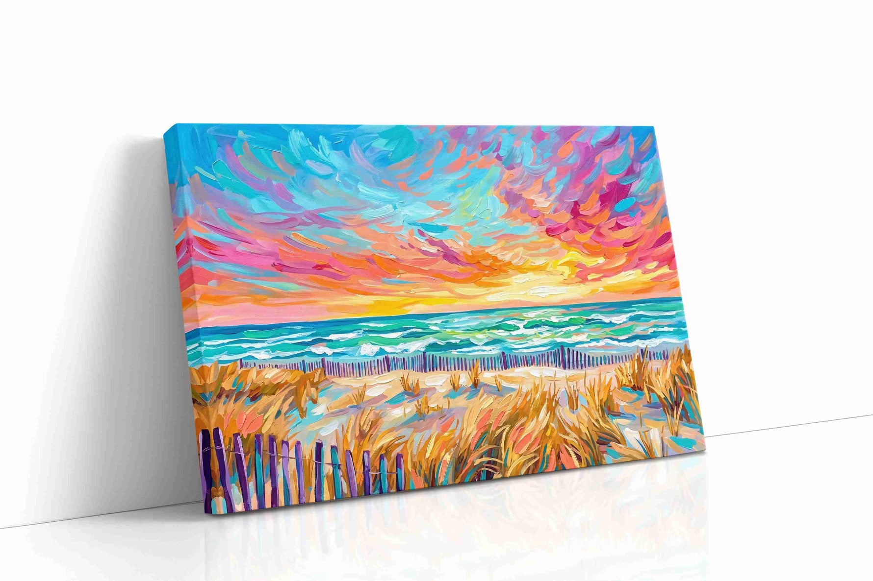 Tangerine Tides at Daybreak beach canvas wall art displayed above a sofa in a modern living room