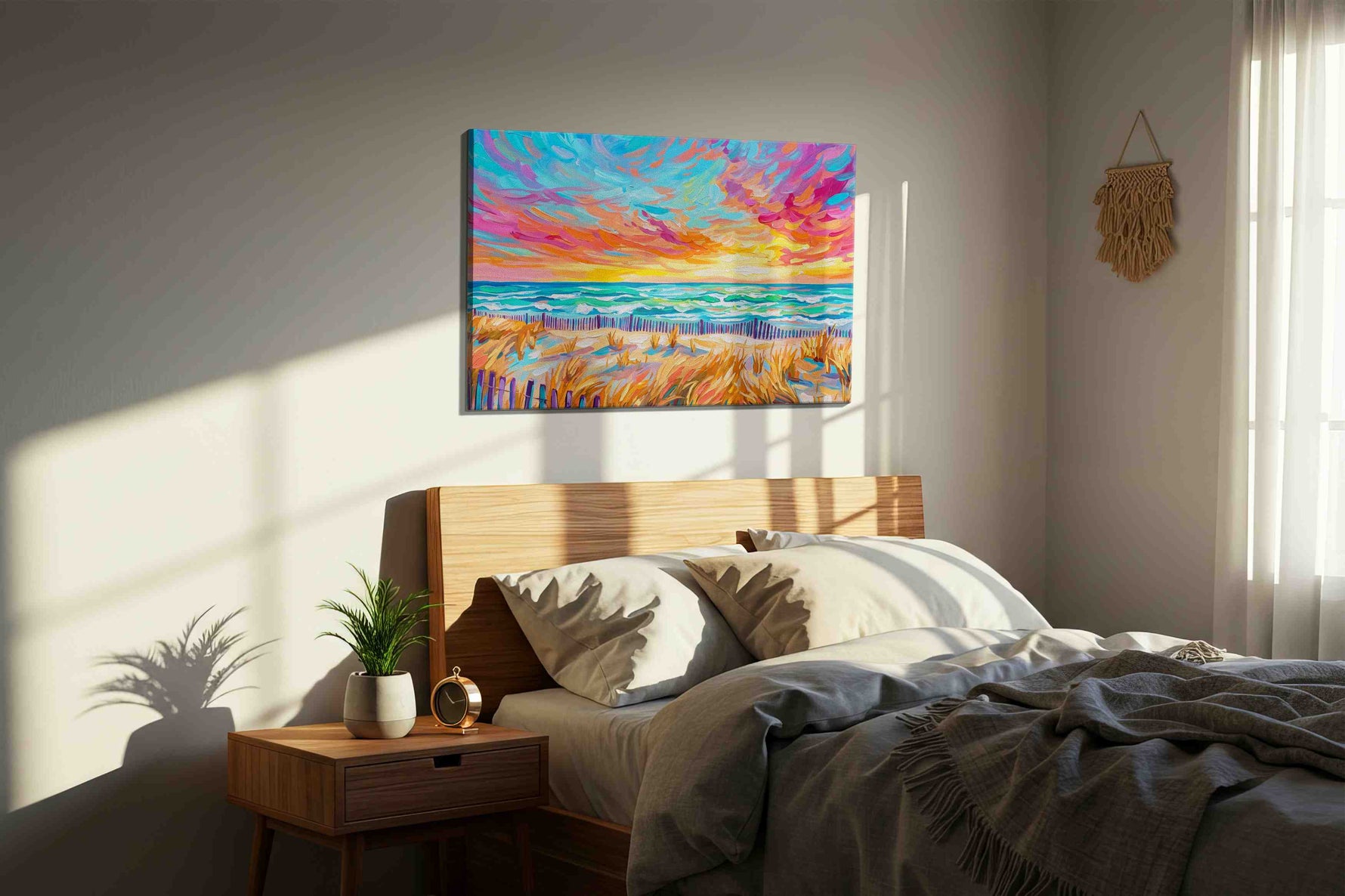 Tangerine Tides at Daybreak beach canvas wall art displayed above a bed in a styled bedroom scene
