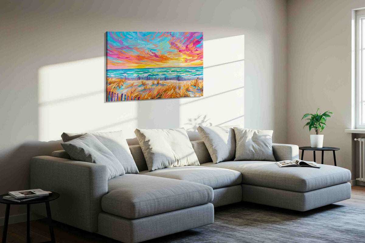 Tangerine Tides at Daybreak beach canvas wall art styled in a living room