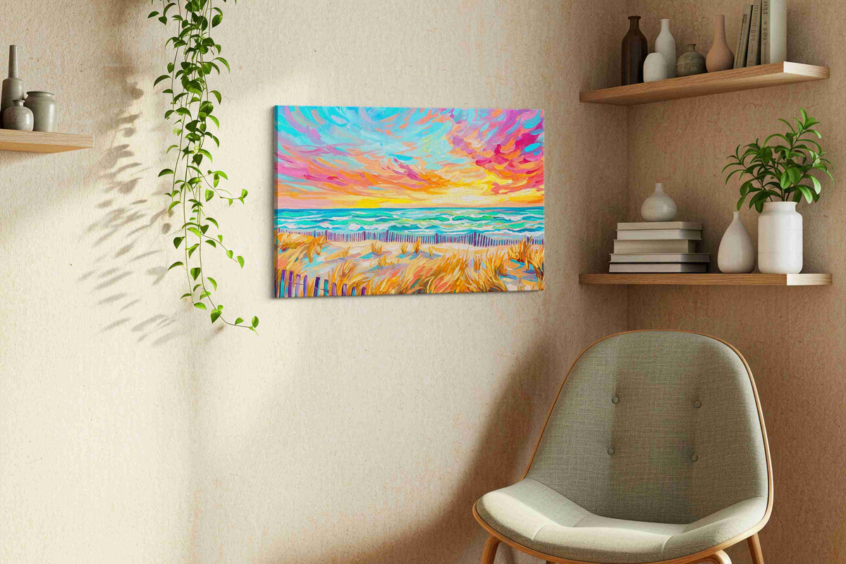 Tangerine Tides at Daybreak beach canvas wall art displayed above a bed in a contemporary bedroom