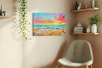 Tangerine Tides at Daybreak beach canvas wall art displayed above a bed in a contemporary bedroom