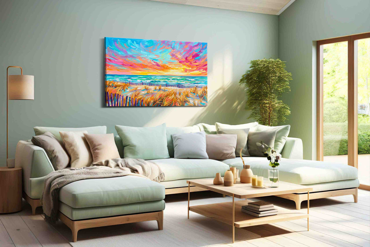 Tangerine Tides at Daybreak beach canvas wall art shown in a wall scene