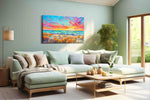 Tangerine Tides at Daybreak beach canvas wall art shown in a wall scene