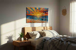Tidal Ember Dawn beach canvas wall art displayed above a bed in a styled bedroom scene
