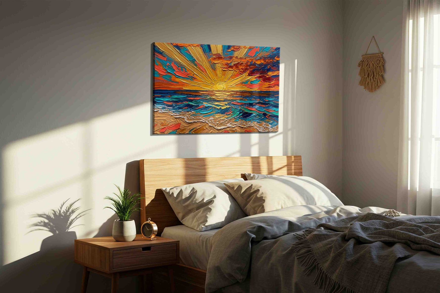 Tidal Ember Dawn beach canvas wall art displayed above a bed in a styled bedroom scene