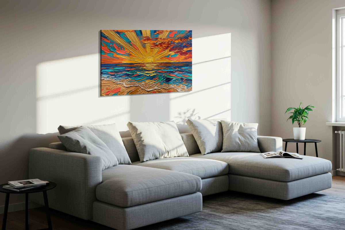Tidal Ember Dawn beach canvas wall art displayed above a bed in a contemporary bedroom
