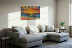 Tidal Ember Dawn beach canvas wall art displayed above a bed in a contemporary bedroom