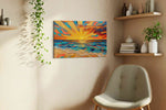 Tidal Ember Dawn beach canvas wall art displayed above a sofa in a styled living room scene