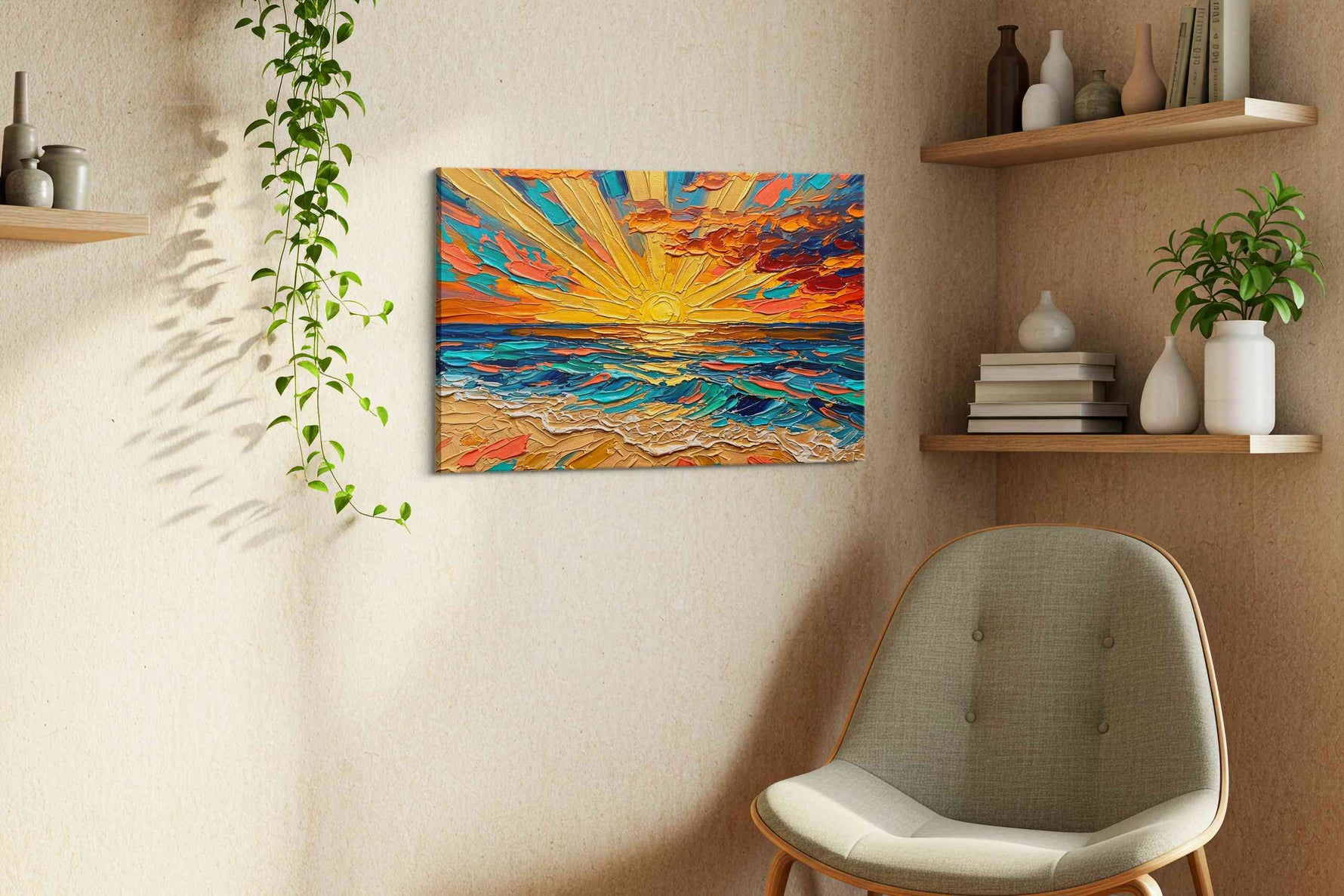 Tidal Ember Dawn beach canvas wall art displayed above a sofa in a styled living room scene