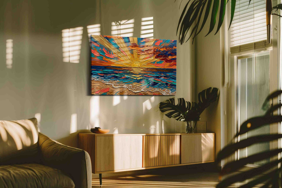 Tidal Ember Dawn beach canvas wall art in a contemporary interior mockup
