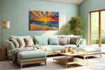 Tidal Ember Dawn beach canvas wall art shown hanging in a styled interior