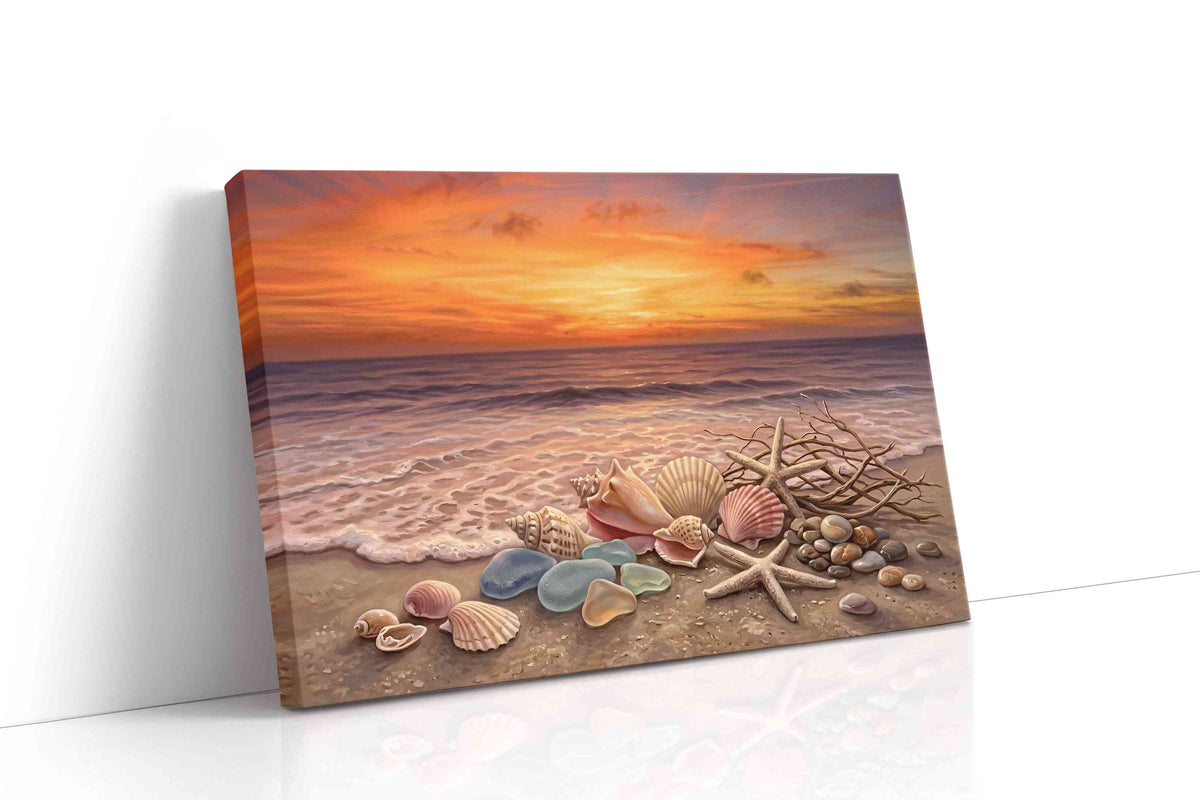Twilight Tides and Treasures beach canvas wall art displayed above a bed in a contemporary bedroom