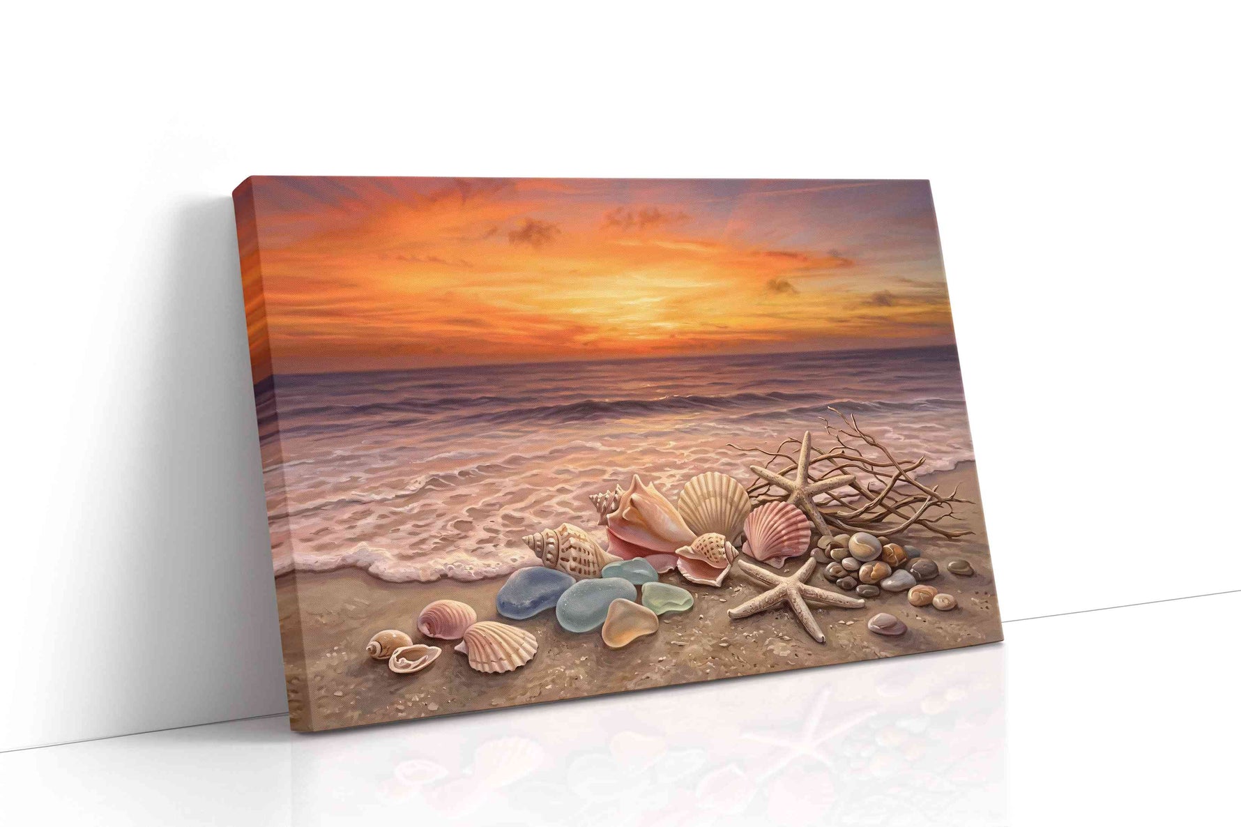 Twilight Tides and Treasures beach canvas wall art displayed above a bed in a contemporary bedroom