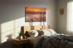 Twilight Tides and Treasures beach canvas wall art displayed above a bed in a styled bedroom scene