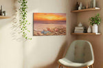 Twilight Tides and Treasures beach canvas wall art shown hanging in a sleek modern interior