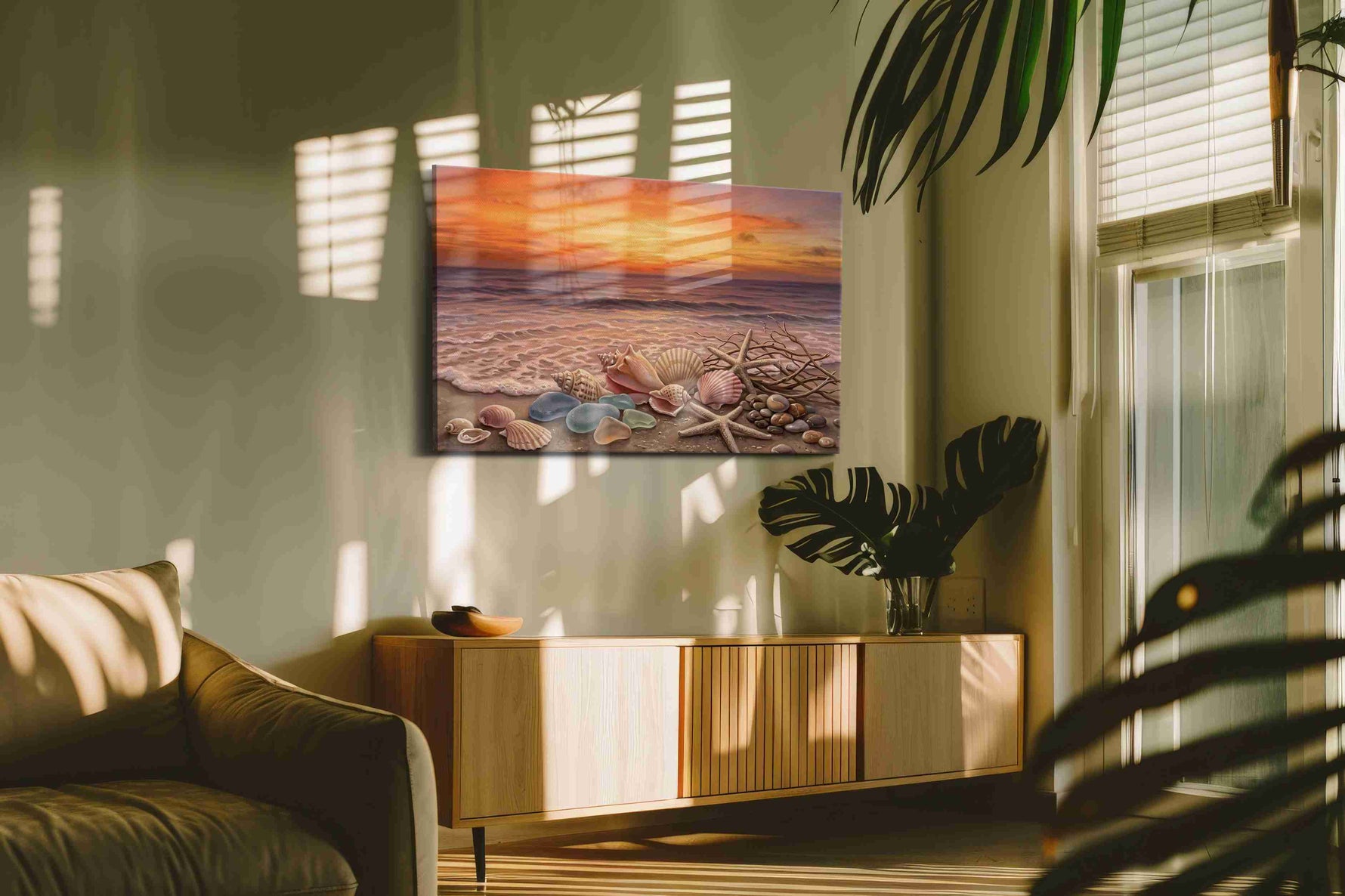 Twilight Tides and Treasures beach canvas wall art shown hanging in a styled interior