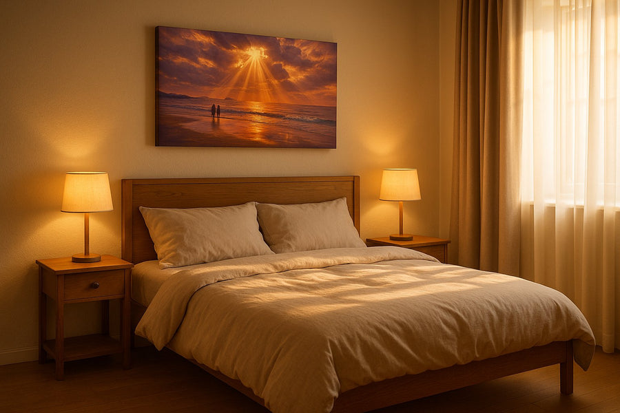 Where the Heavens Pour Gold beach canvas wall art displayed above a bed in a styled bedroom scene
