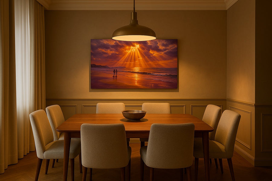 Where the Heavens Pour Gold beach canvas wall art shown in a contemporary interior mockup