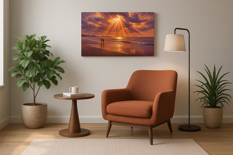 Where the Heavens Pour Gold beach canvas wall art displayed above a sofa in a modern living room