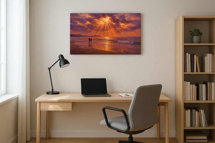 Where the Heavens Pour Gold beach canvas wall art displayed above a bed in a contemporary bedroom
