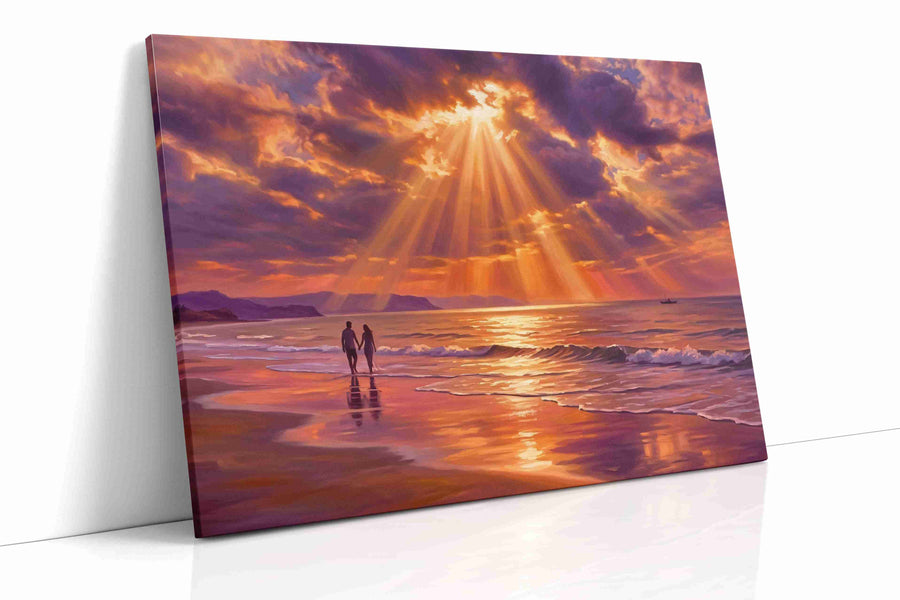 Where the Heavens Pour Gold beach canvas wall art shown hanging in a sleek modern interior