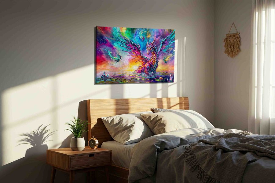 Aurora Dragon Bloom fantasy canvas wall art displayed above a bed in a styled bedroom scene