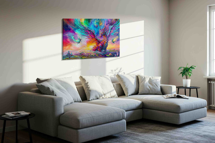 Aurora Dragon Bloom fantasy canvas wall art displayed above a bed in a contemporary bedroom