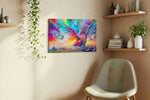 Aurora Dragon Bloom fantasy canvas wall art displayed above a sofa in a styled living room scene