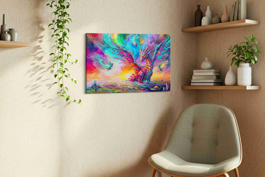 Aurora Dragon Bloom fantasy canvas wall art displayed above a sofa in a styled living room scene