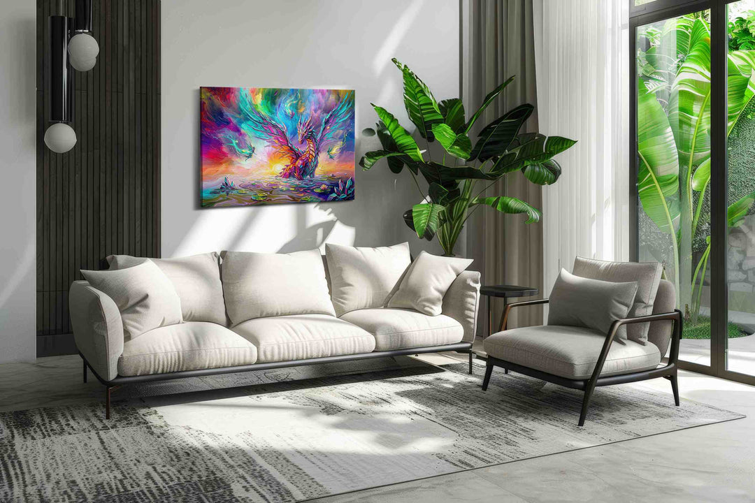 Aurora Dragon Bloom - Fantasy Wall Art, Magical Canvas Print, Mythical Art