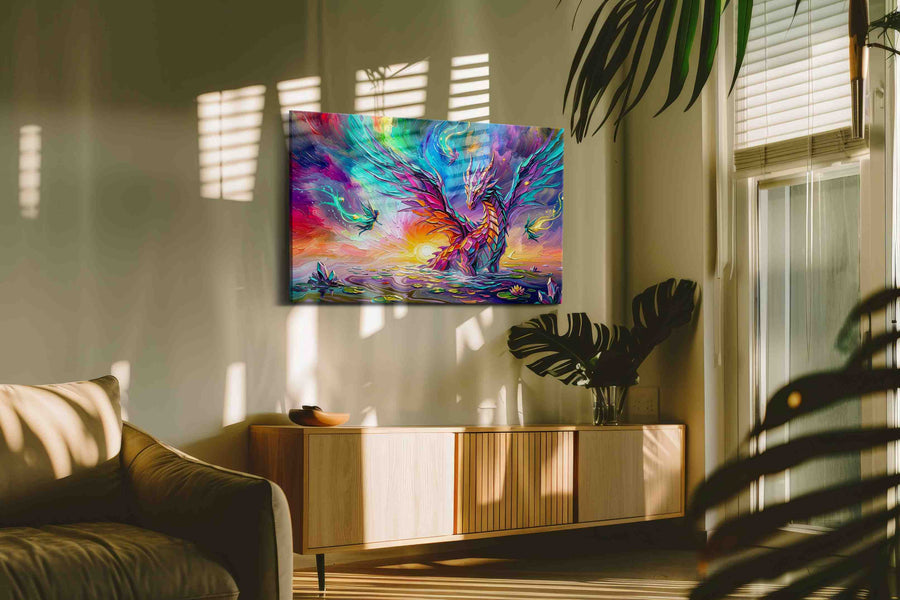 Aurora Dragon Bloom fantasy canvas wall art in a contemporary interior mockup