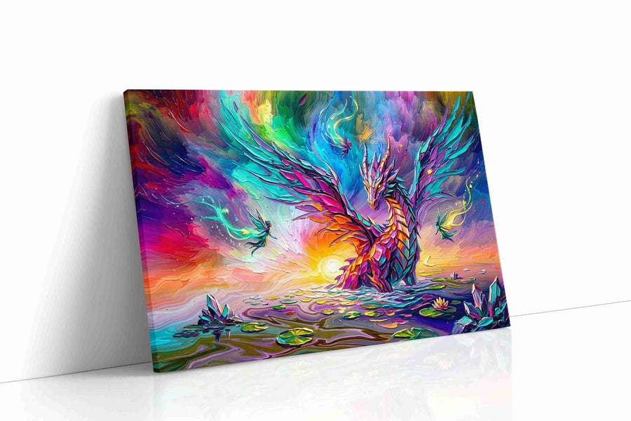 Aurora Dragon Bloom fantasy canvas wall art displayed above a sofa in a modern living room