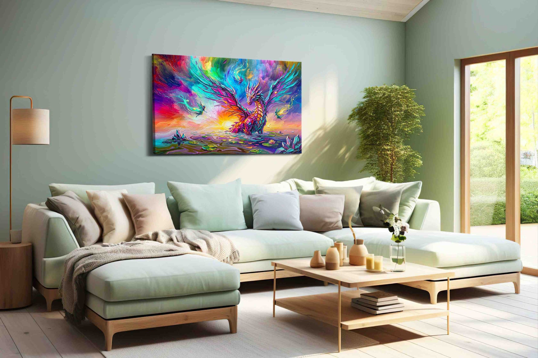 Aurora Dragon Bloom fantasy canvas wall art shown hanging in a styled interior