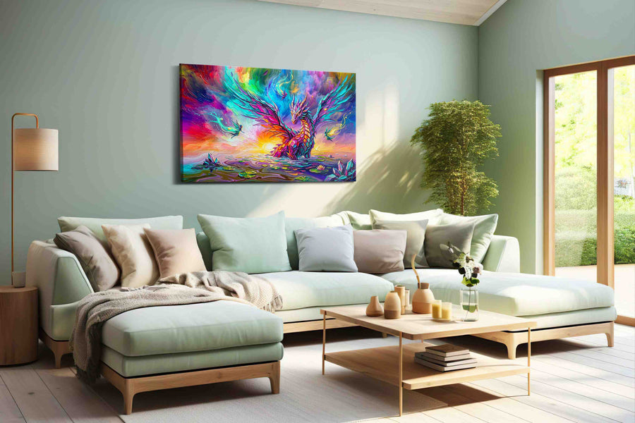 Aurora Dragon Bloom fantasy canvas wall art shown hanging in a styled interior