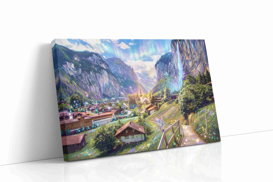 Aurora Vale Reverie fantasy canvas wall art displayed above a sofa in a modern living room