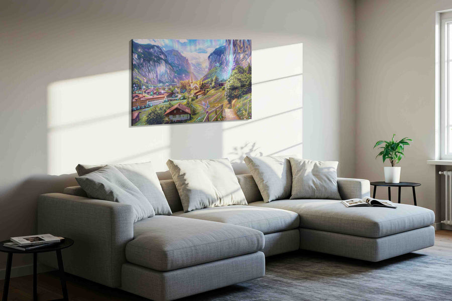 Aurora Vale Reverie fantasy canvas wall art displayed above a bed in a contemporary bedroom